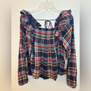 Free People Multicolor Plaid Ruffle Blouse